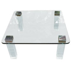 Vintage Lucite and Polished Nickel Coffee Table with Glass Top