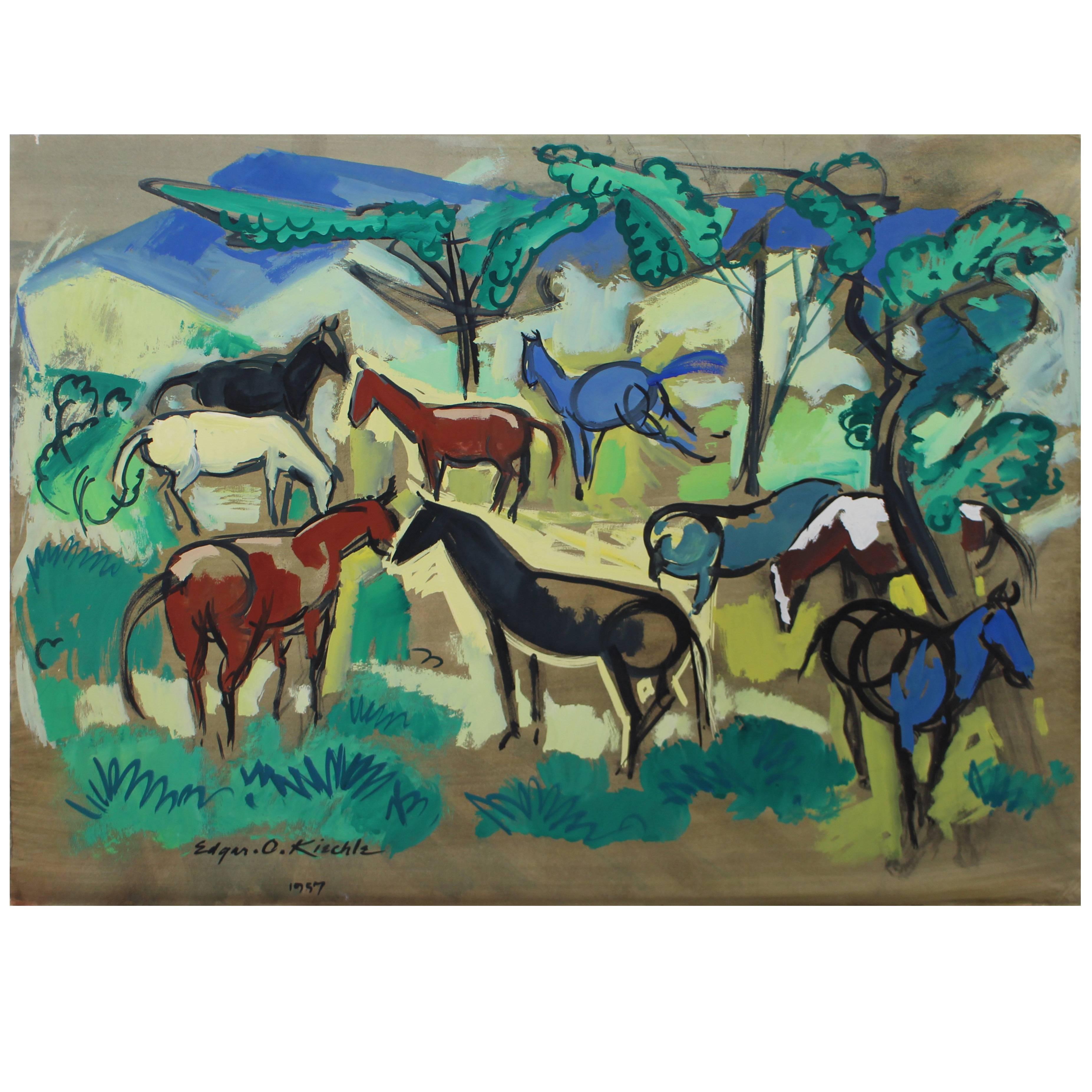 Edgar O. Kiechle, #340, "Horses Grazing" Painting For Sale