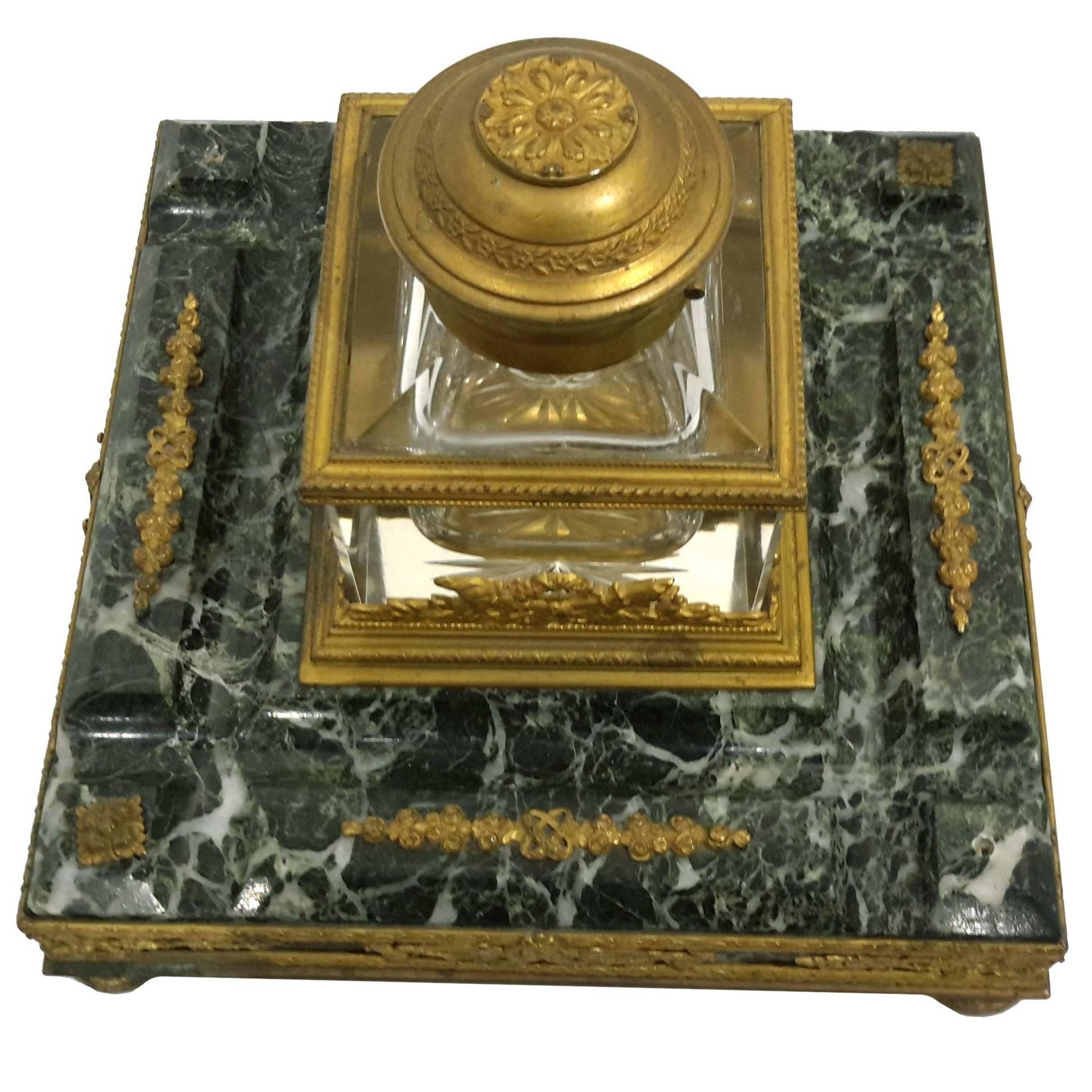 Napoleonic Marble, Gilt Bronze and Crystal Inkwell, 19th Century For Sale