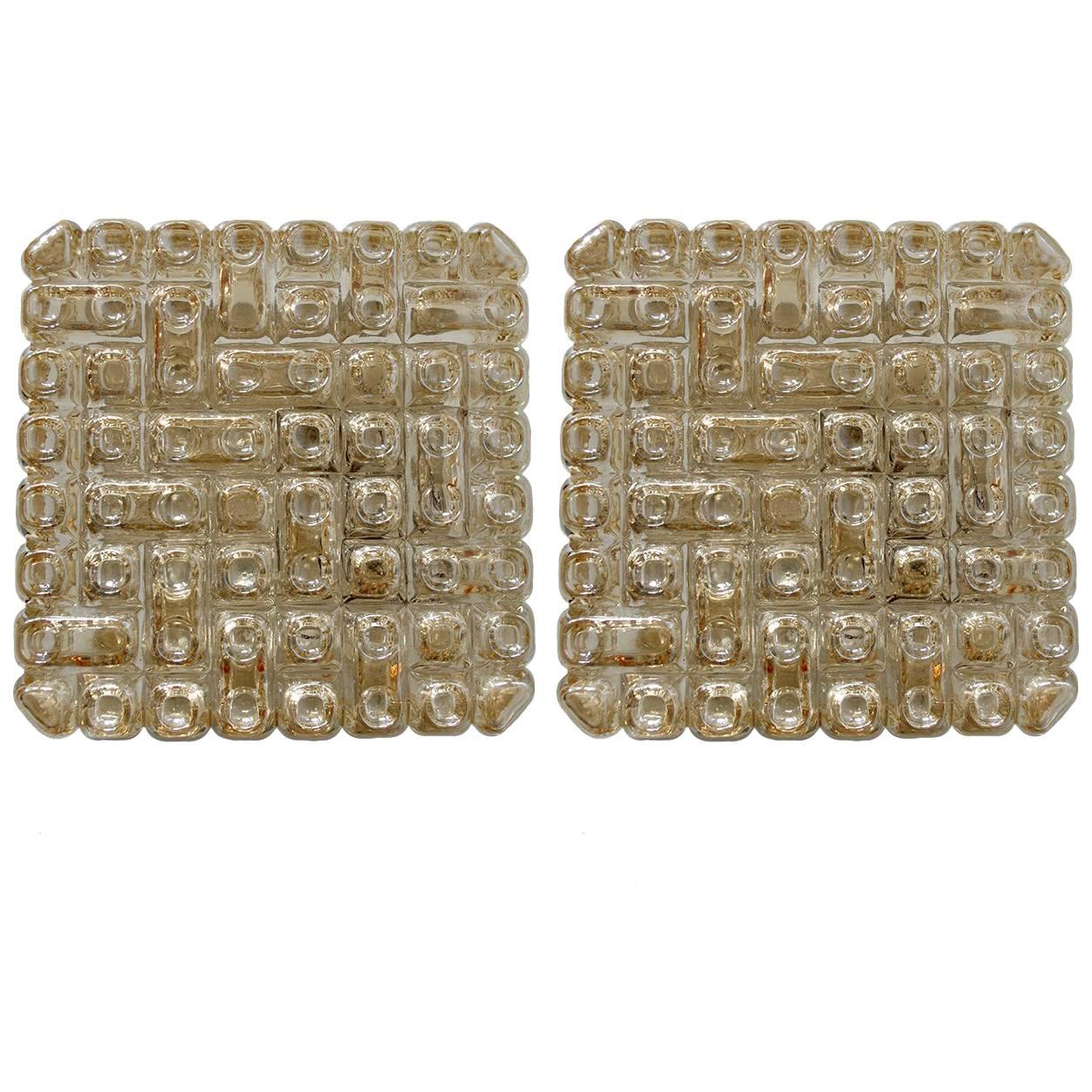 Pair of Rare Geometric Blown Glass Ceiling or Wall Flush Mounts Sconces, 1960s