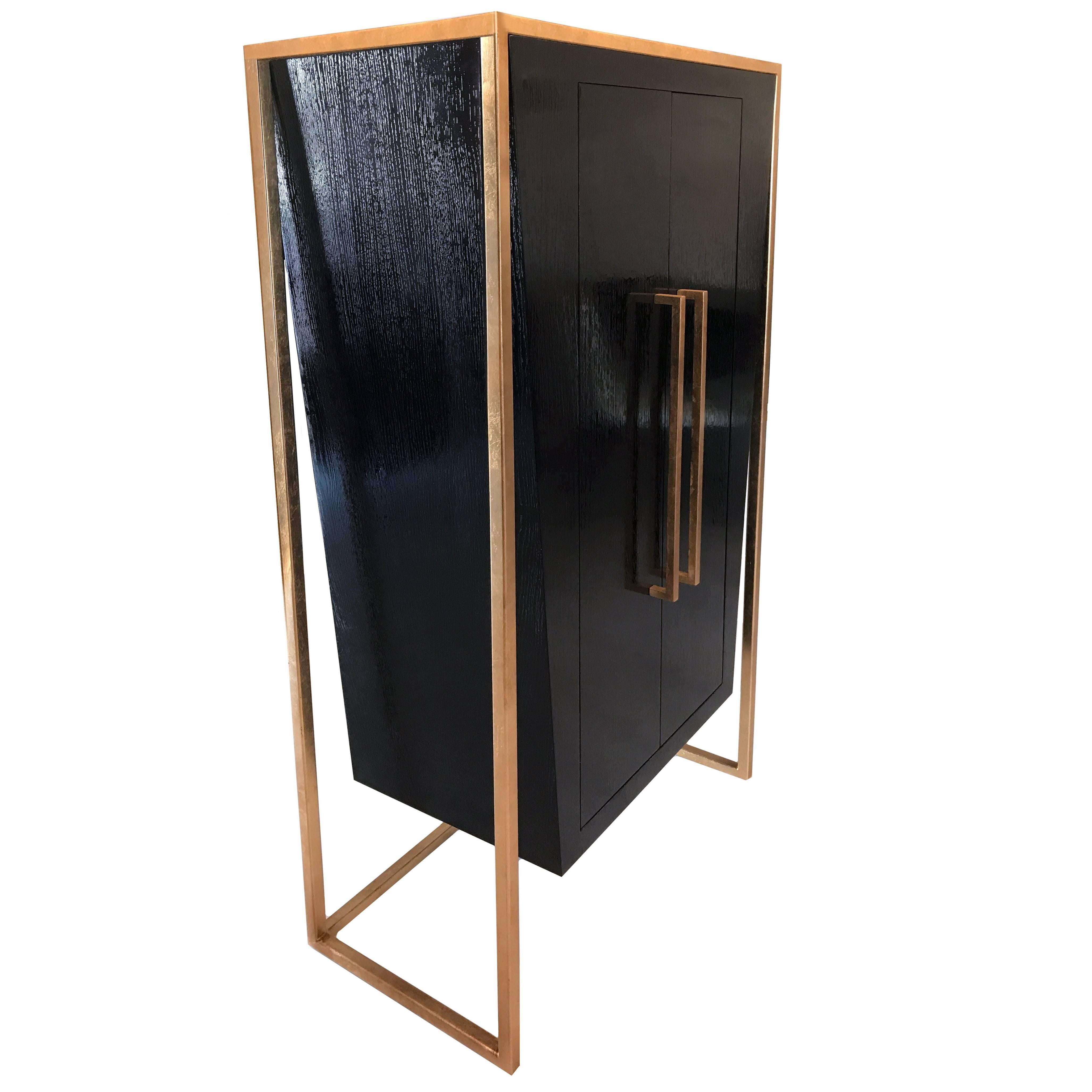 Modern Dapper Cabinet in Oak with Gold Plated Steel Frame  For Sale