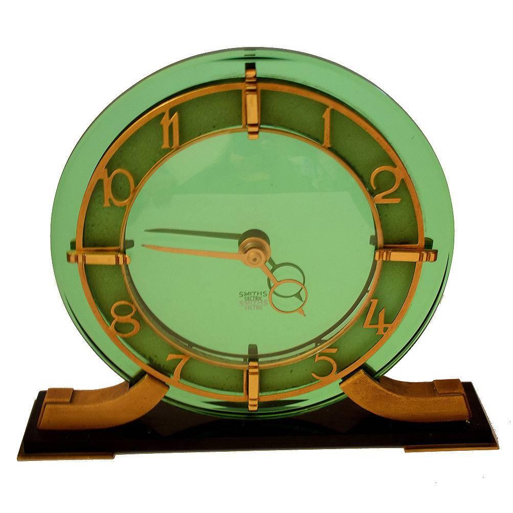 English Art Deco Green Mirror Clock by Smiths Clock Company