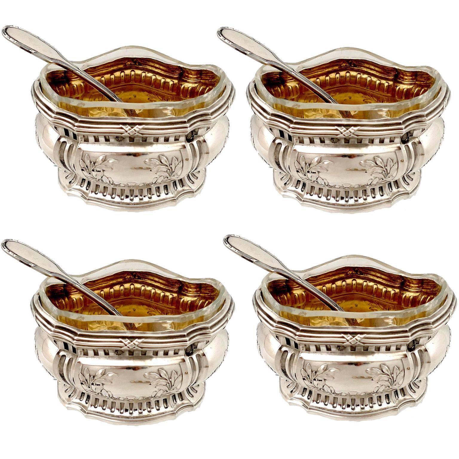 Compere French Sterling Silver 18 Karat Gold Four Salt Cellars, Spoons, Box For Sale