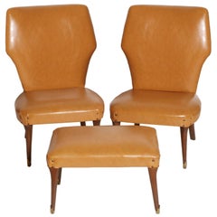 Vintage 1940s Art Deco Bedroom Chairs, Stool, Leatherette, Guglielmo Ulrich Attributable