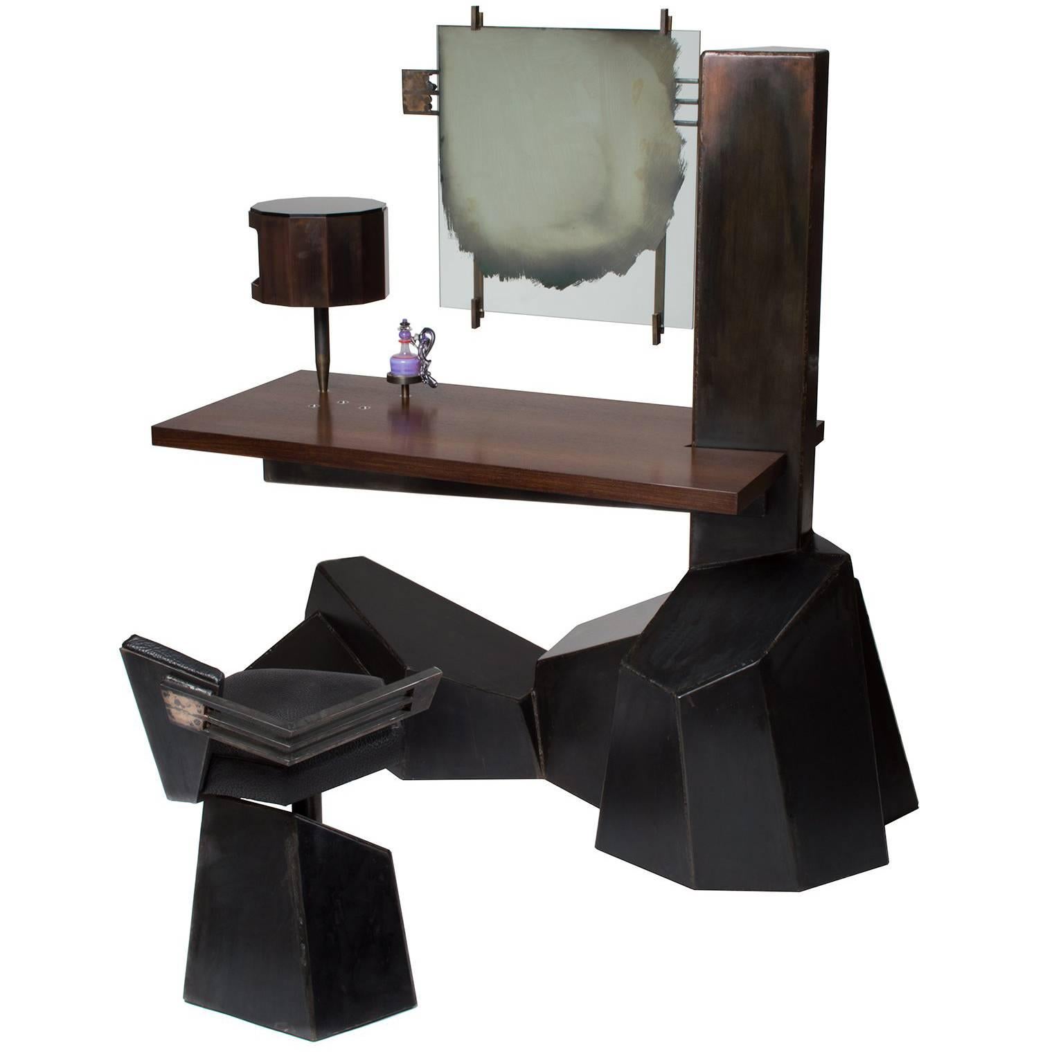 Datum Vanity, Leather Upholstered Chair, Mirror & Perfume Bottle Set of Five For Sale