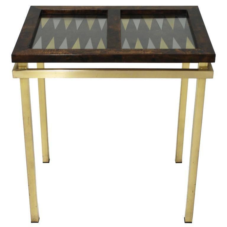 Burl Wood and Brass Backgammon Game Table For Sale