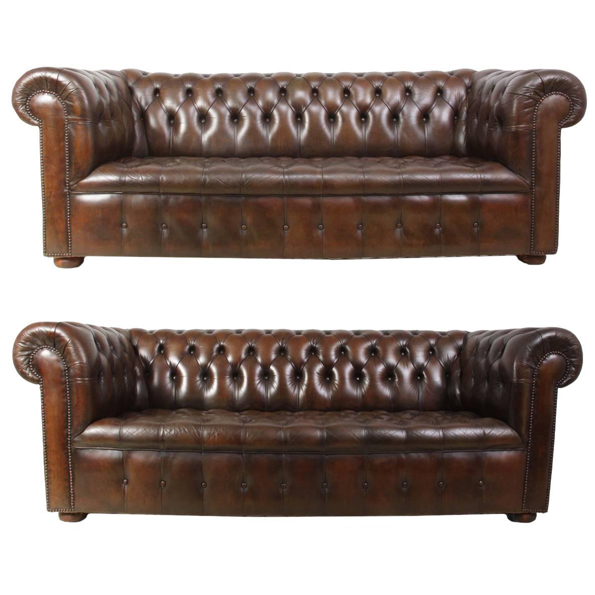 Pair of Vintage Brown Leather Chesterfields