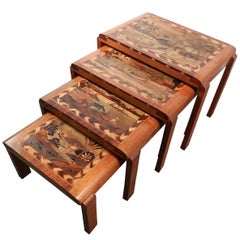 Tahitian Work, circa 1950, Set of Four Nesting Tables with Design Marquetry