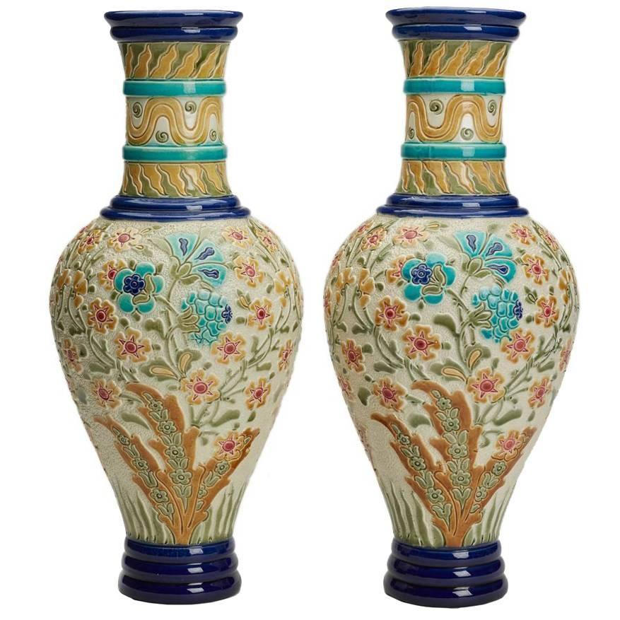 Pair of Large Stunning Burmantofts Faience Floral Vases