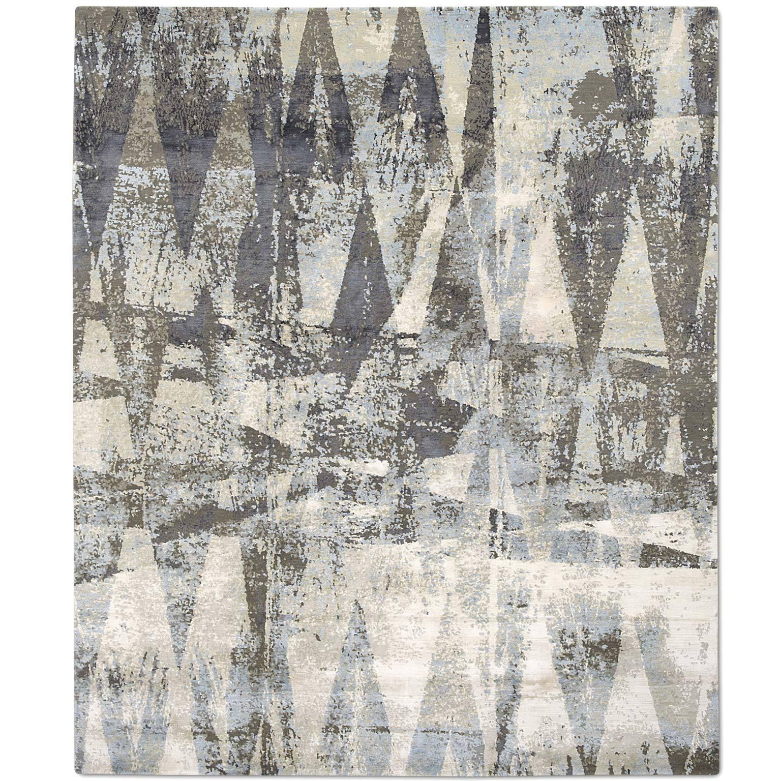 'Diamonds Multi_Blue' Hand-Knotted Tibetan Abstract Rug Wool & Silk from Nepal For Sale
