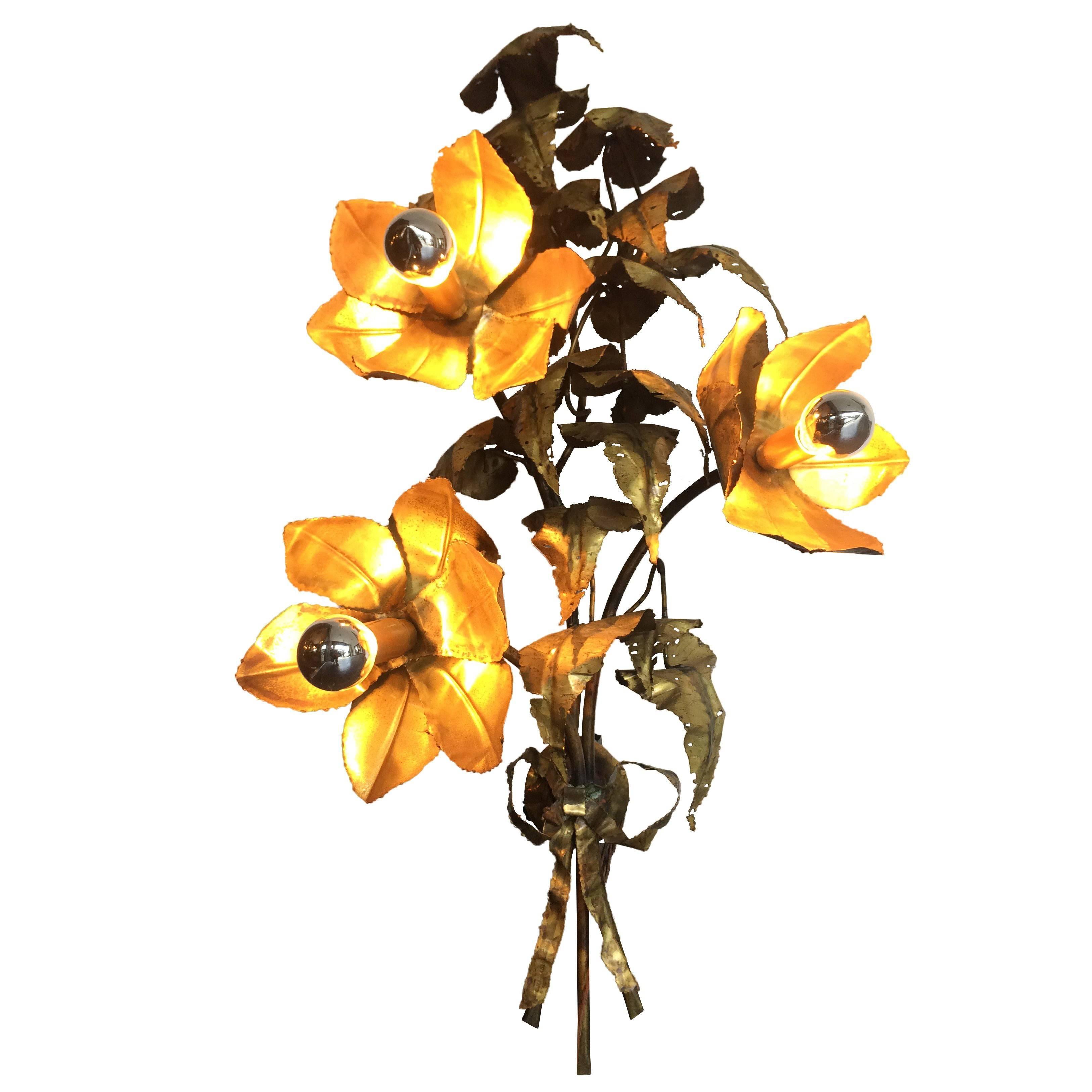 Italian Brass Flower Wall Light by P Mas Rossi For Sale