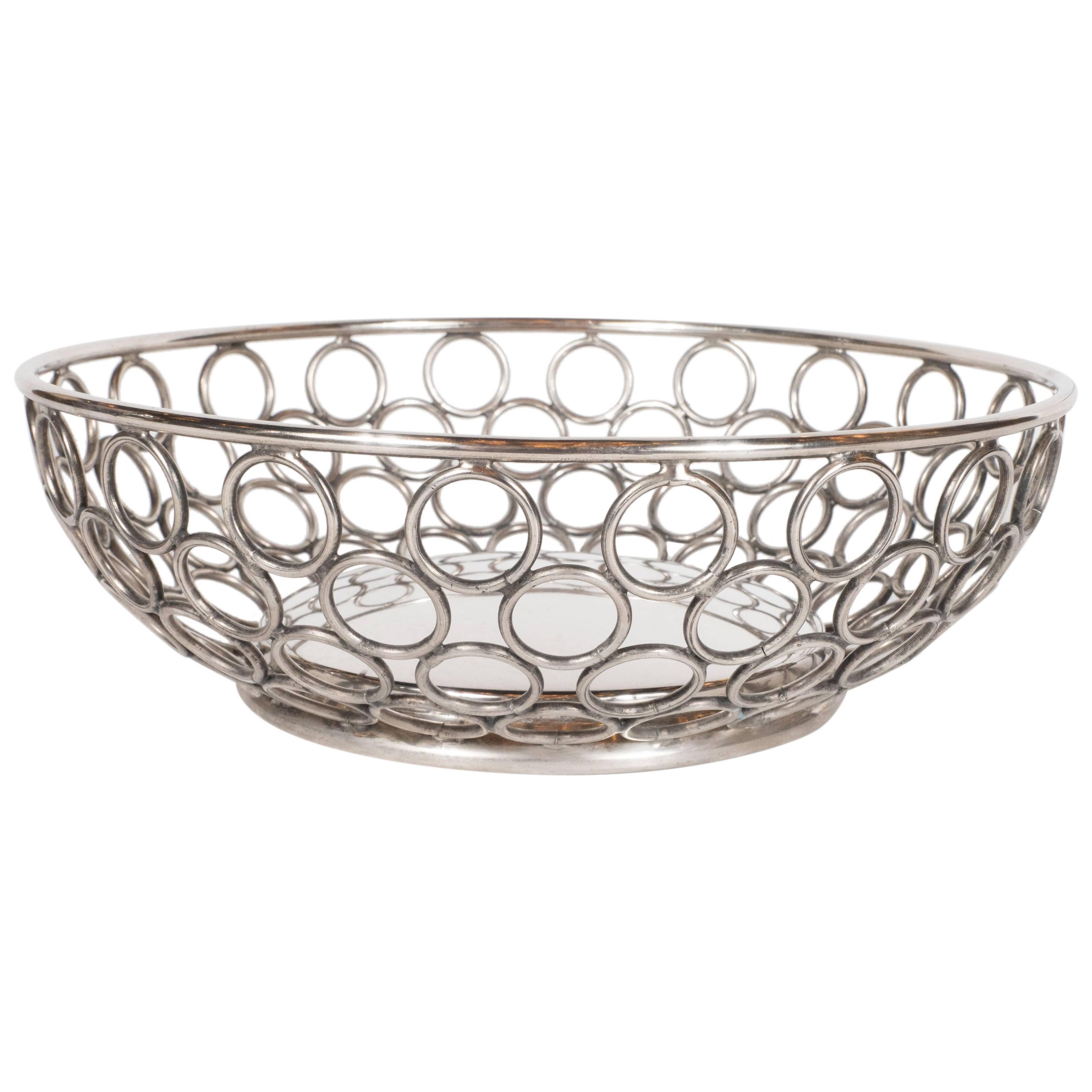 Mid-Century Modern Silver Plate Bowl/Basket with Repeating Circle Motif, Raimond