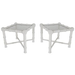 Hollywood Regency Chunky White Faux Bamboo Chinoiserie End Tables, Midcentury