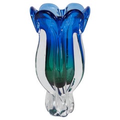 Stylized Tulip Handblown Murano Glass Vase in Emerald & Sapphire Gradient