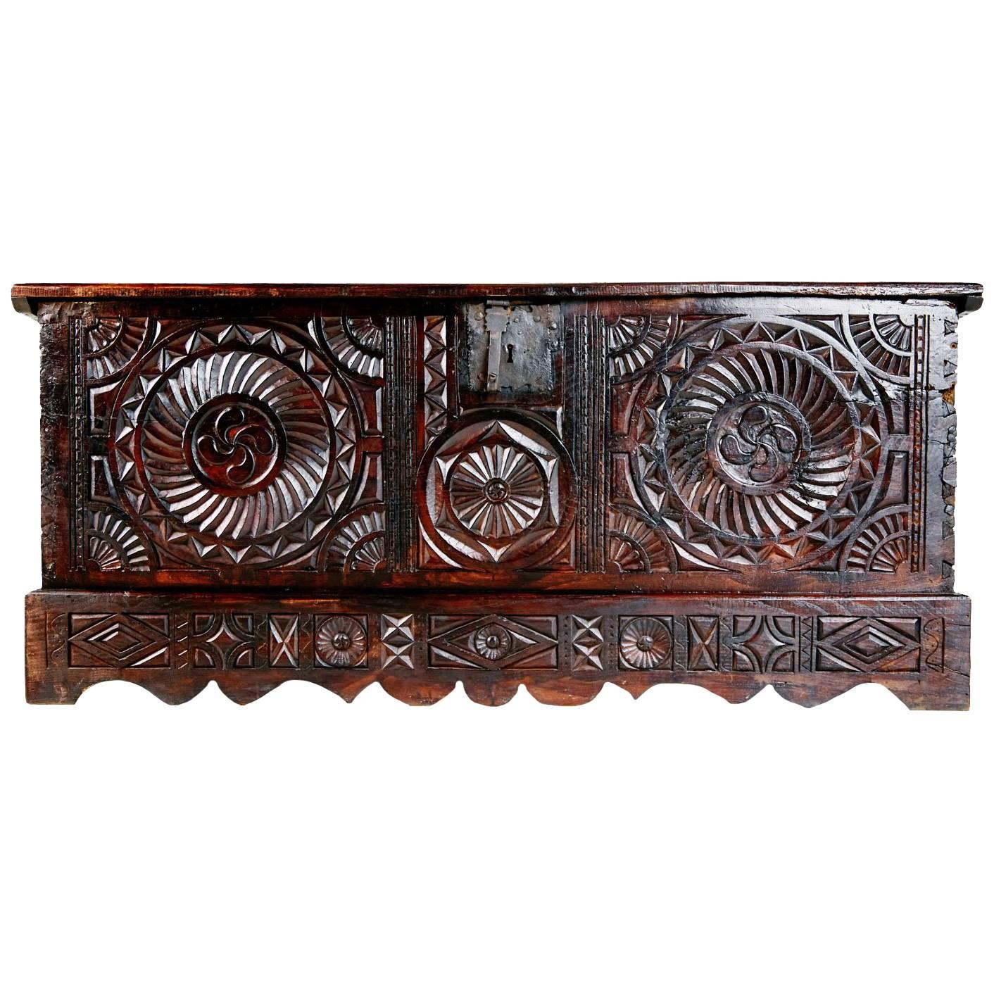17th Century English Carved Oak and Elm Large Blanket Chest Coffer