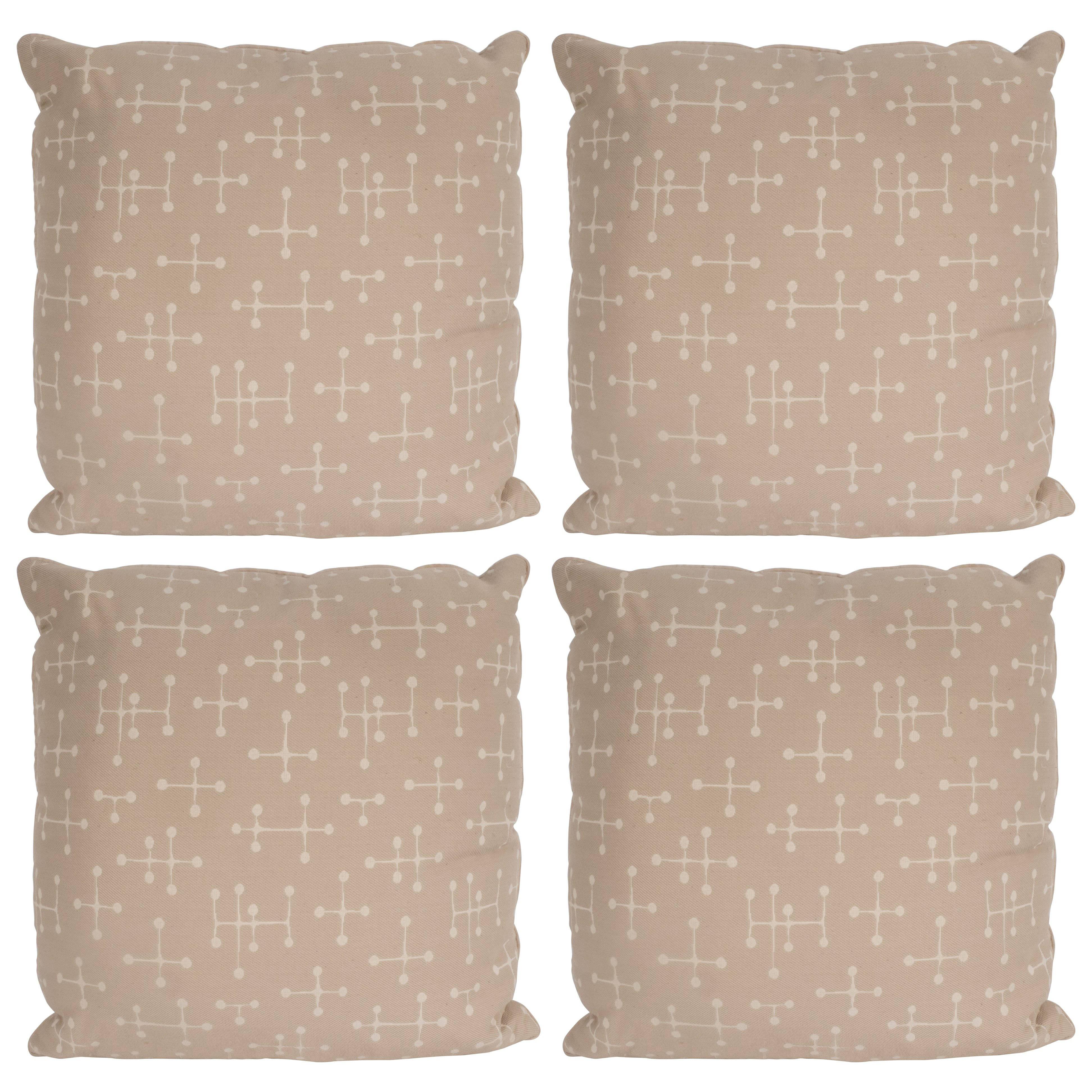 Set of Four Modern Beige Cotton Twill Pillows with Geometric Jacks Motif