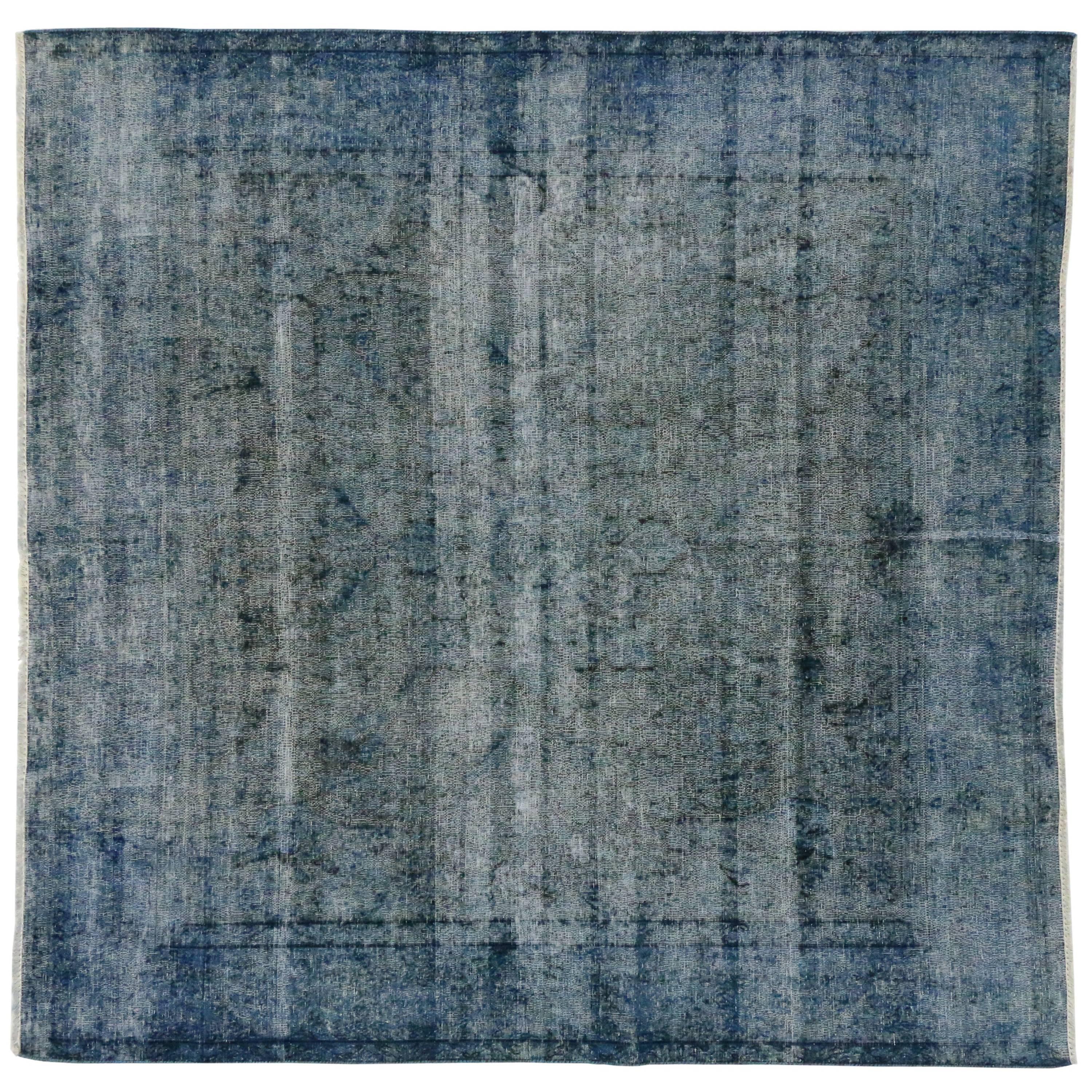 Distressed Overdyed Blue Persian Rug with Modern Industrial Style, Square Rug