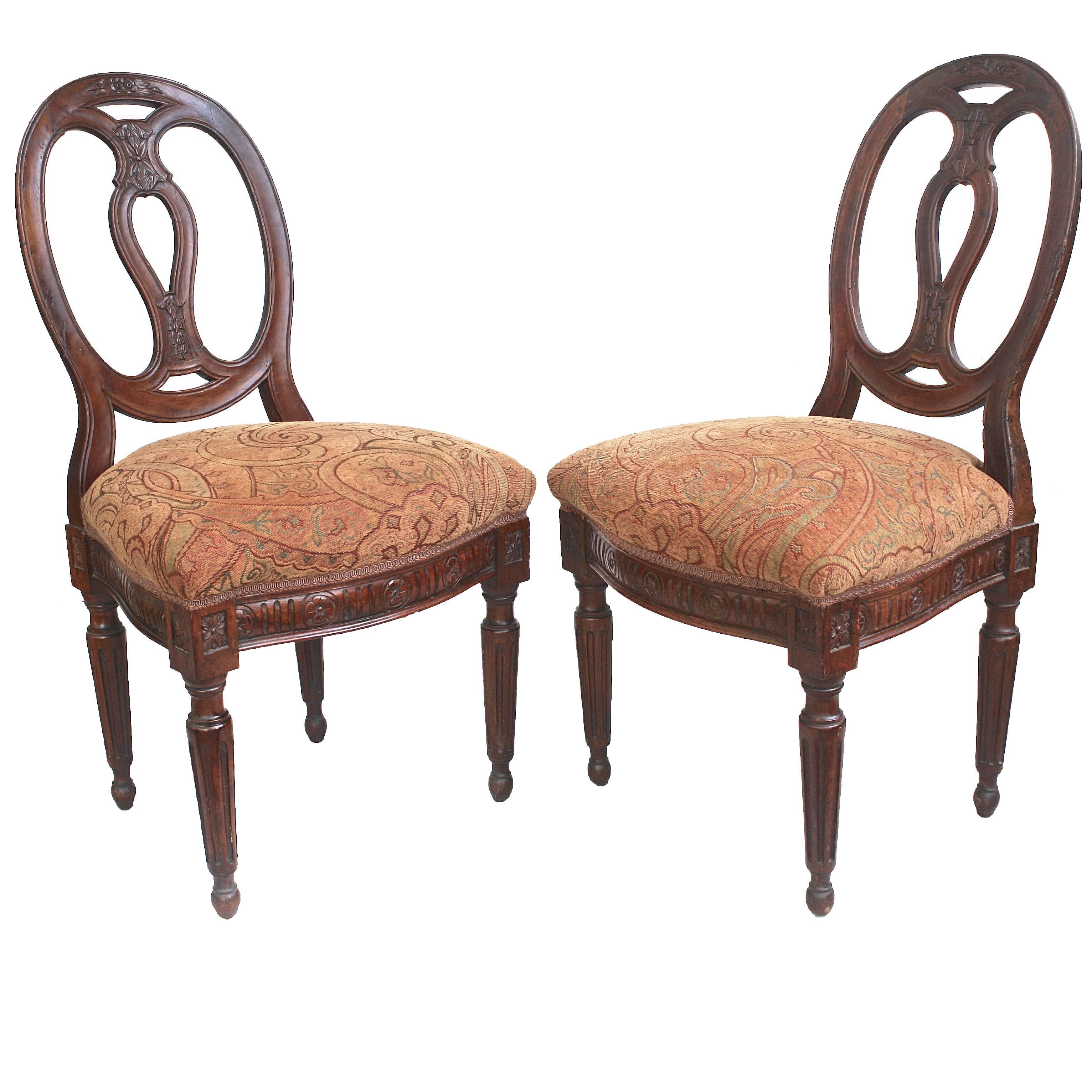 Pair of Italian Neoclassical Walnut Side Chairs For Sale