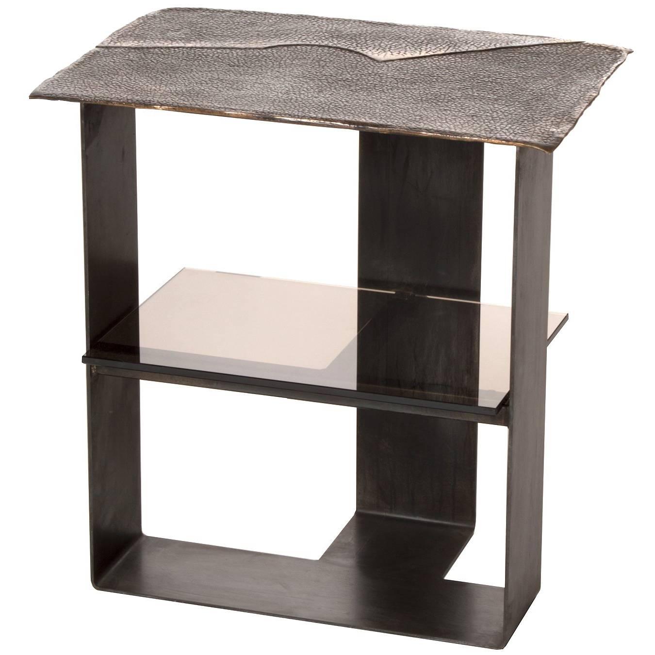 Domito End Table Contemporary Cast Bronze Leather Texture Steel with Glass Shelf For Sale