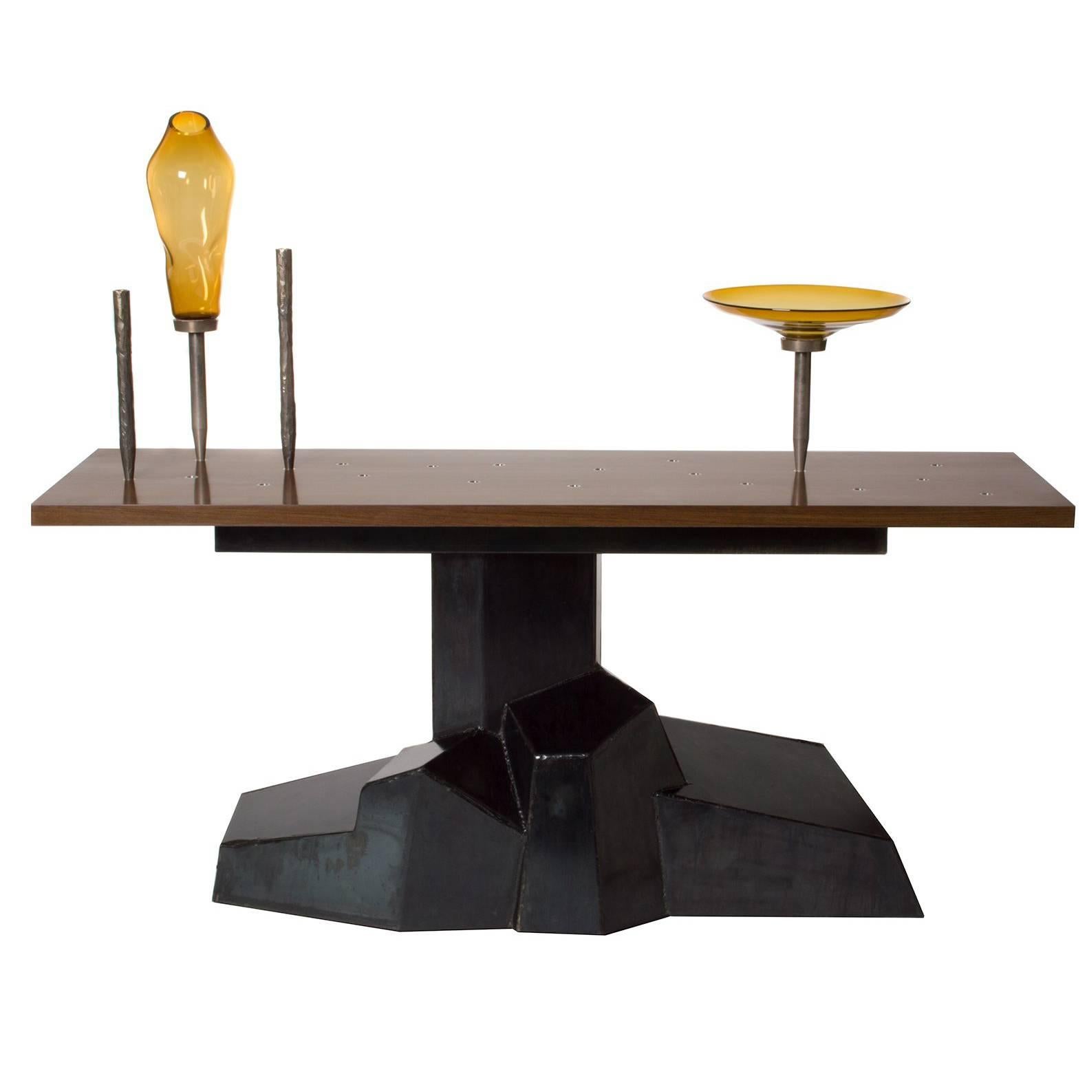 Datum Console Table in Wenge and Patinated Steel with Carved Brass Candle Sticks For Sale
