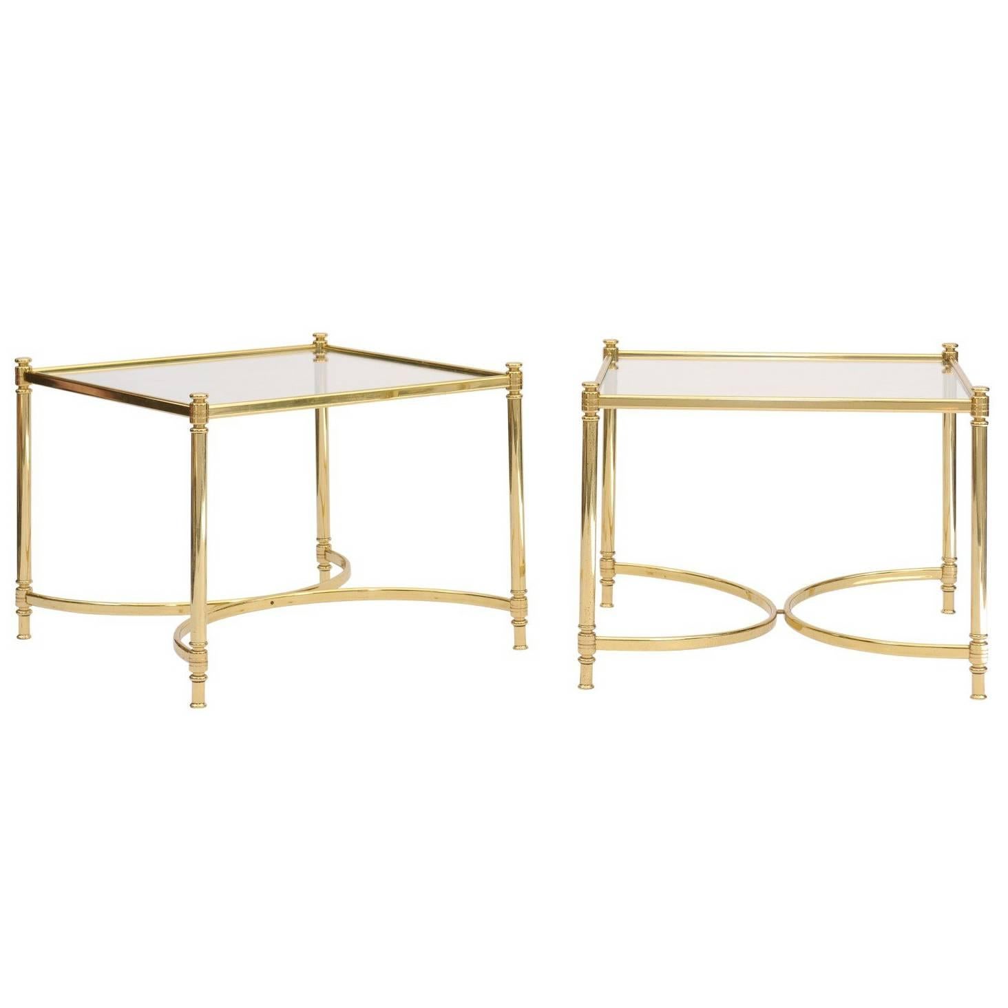 Pair of French 1970s Square Brass and Glass Side Tables with Demilune Stretchers