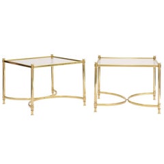 Pair of French 1970s Square Brass and Glass Side Tables with Demilune Stretchers