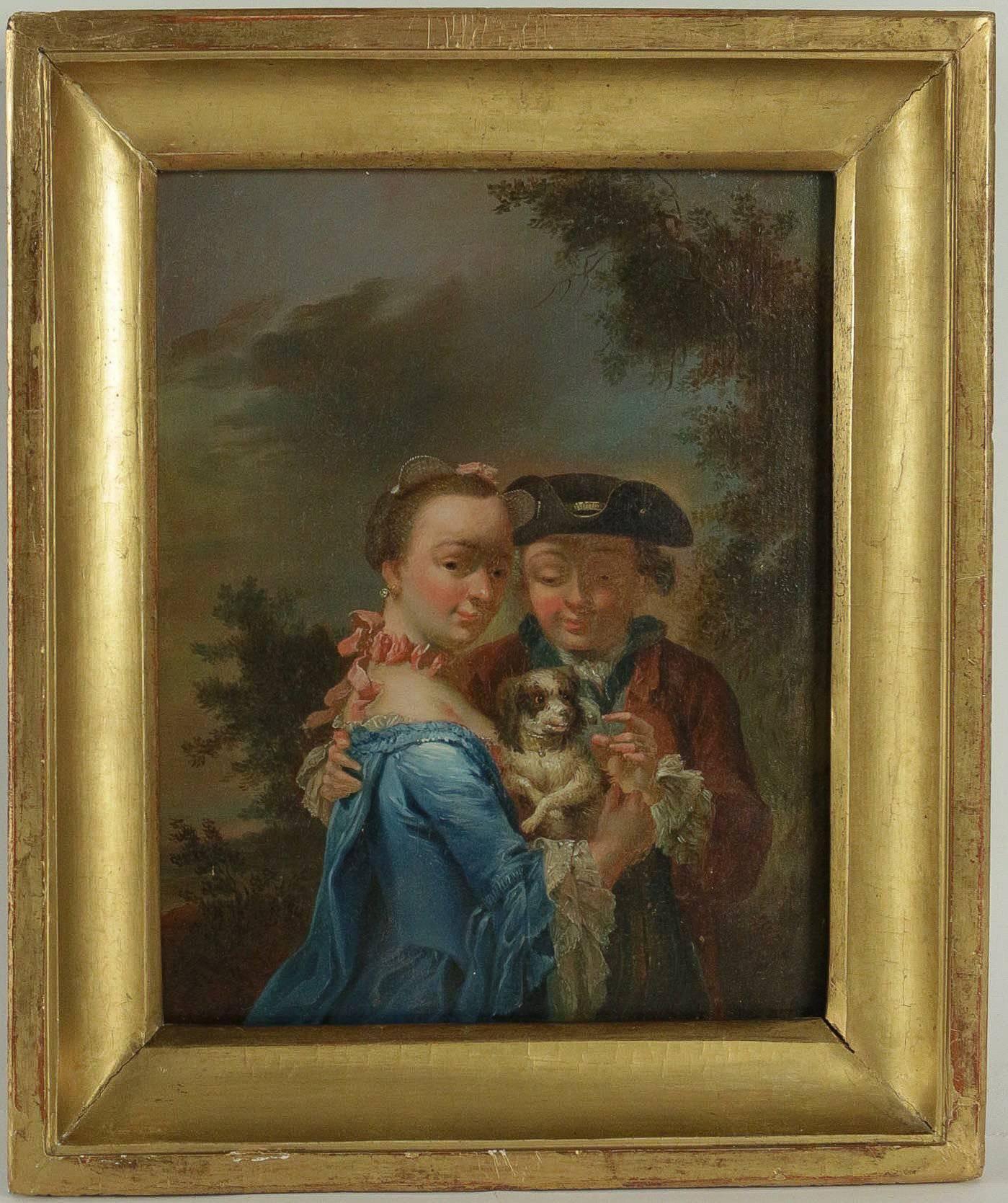 We are pleased to present you a lovely and decorative oil on panel in his original giltwood frame, attributed to Johann Conrad Seekatz, depicts A Couple with a Dog in a Landscape, Germany mid-18th century.

Beautiful German work, from London