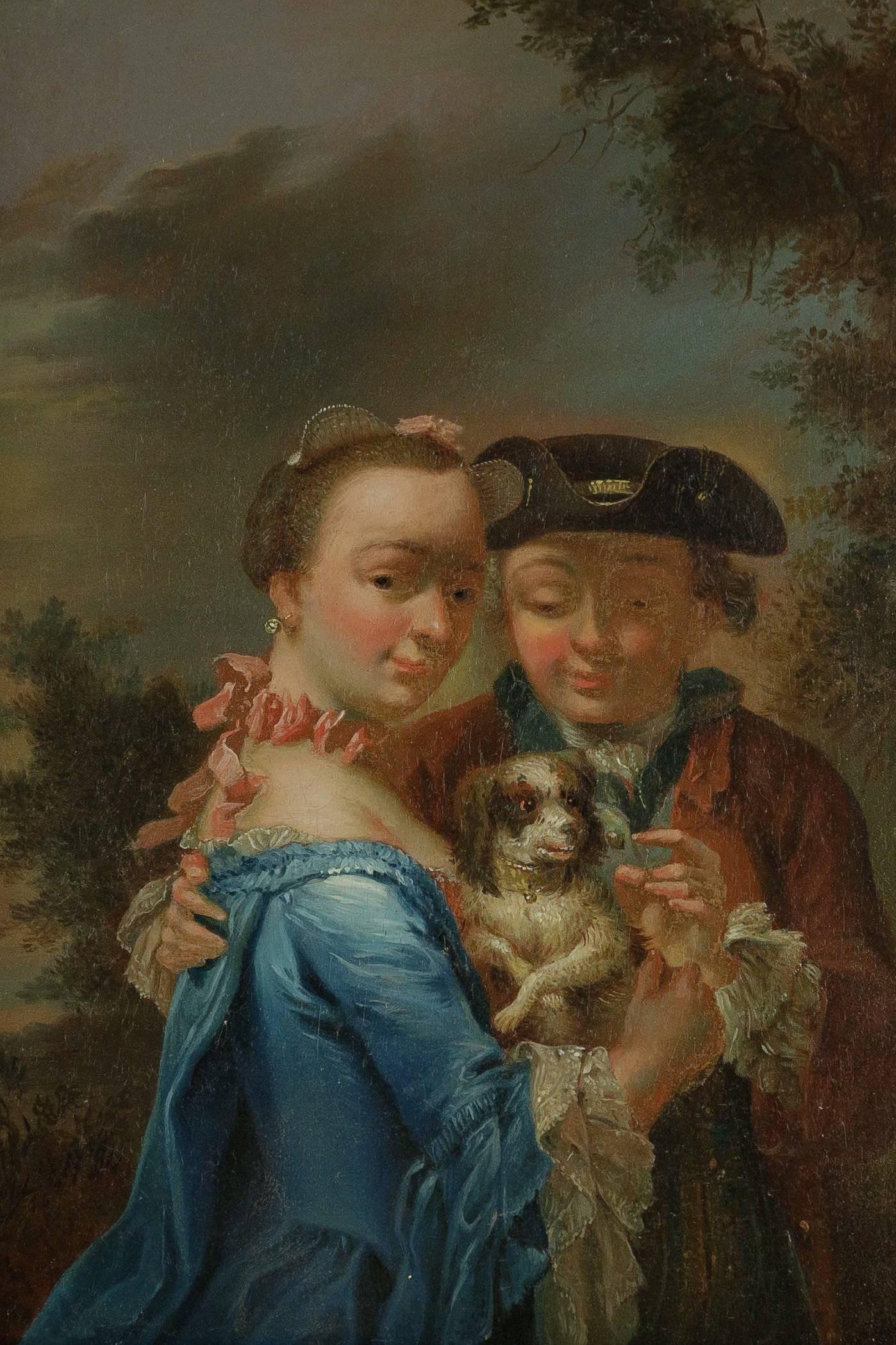 Baroque Johann Conrad Seekatz Oil on Panel Couple with a Dog in a Landscape, circa 1750