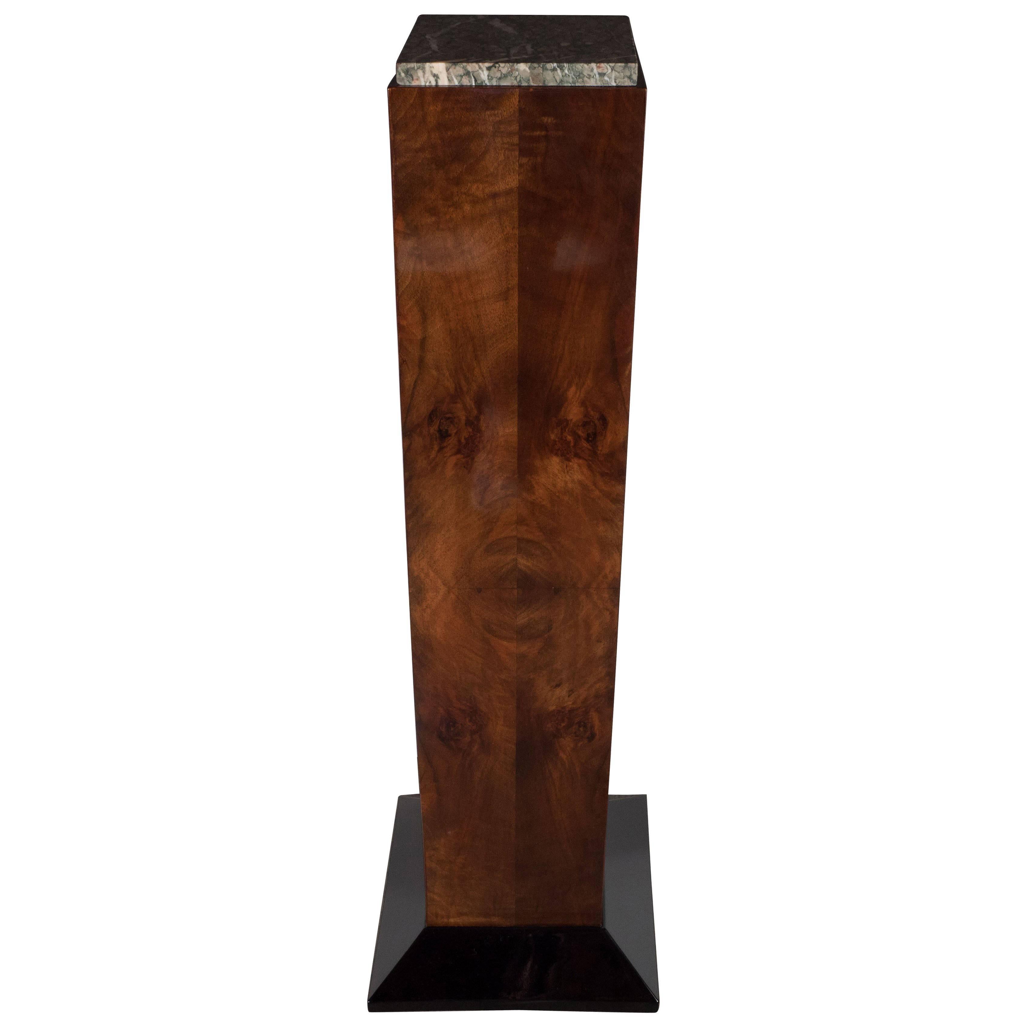 Art Deco Bookmatched Walnut and Black Lacquer Pedestal with Exotic Marble Top