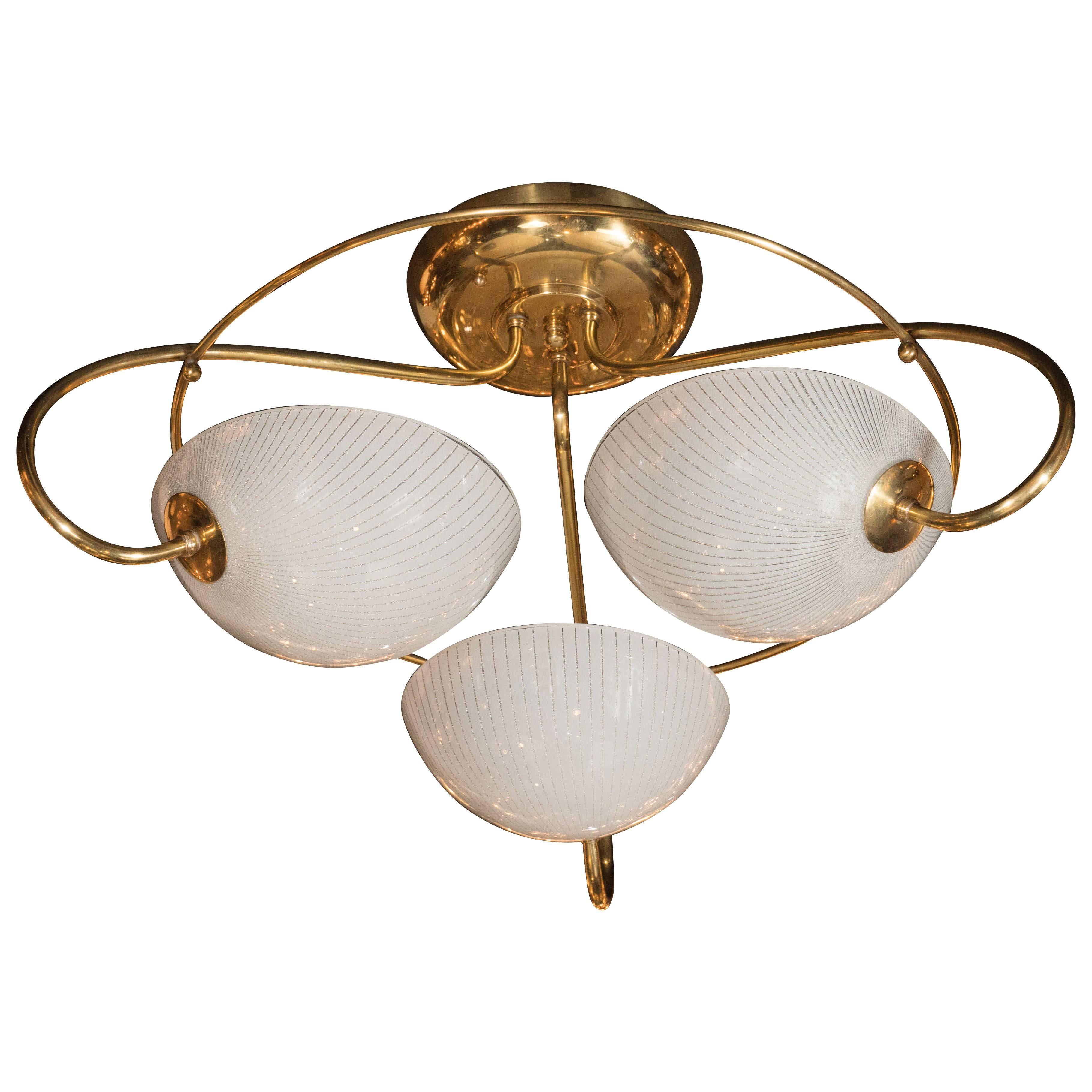 Mid-Century Modern Brass and Textured Glass Three-Arm Flush Mount Chandelier