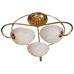 Mid-Century Modern Brass and Textured Glass Three-Arm Flush Mount Chandelier