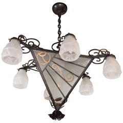 French Art Deco Wrought Iron Six-Arm Chandelier with Rose Finial
