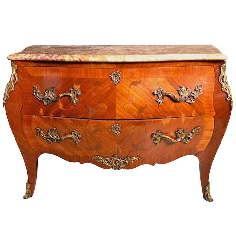 19th Century French Ormolu, Kingwood, Rosewood, Floral Marquetry Commode For Sale