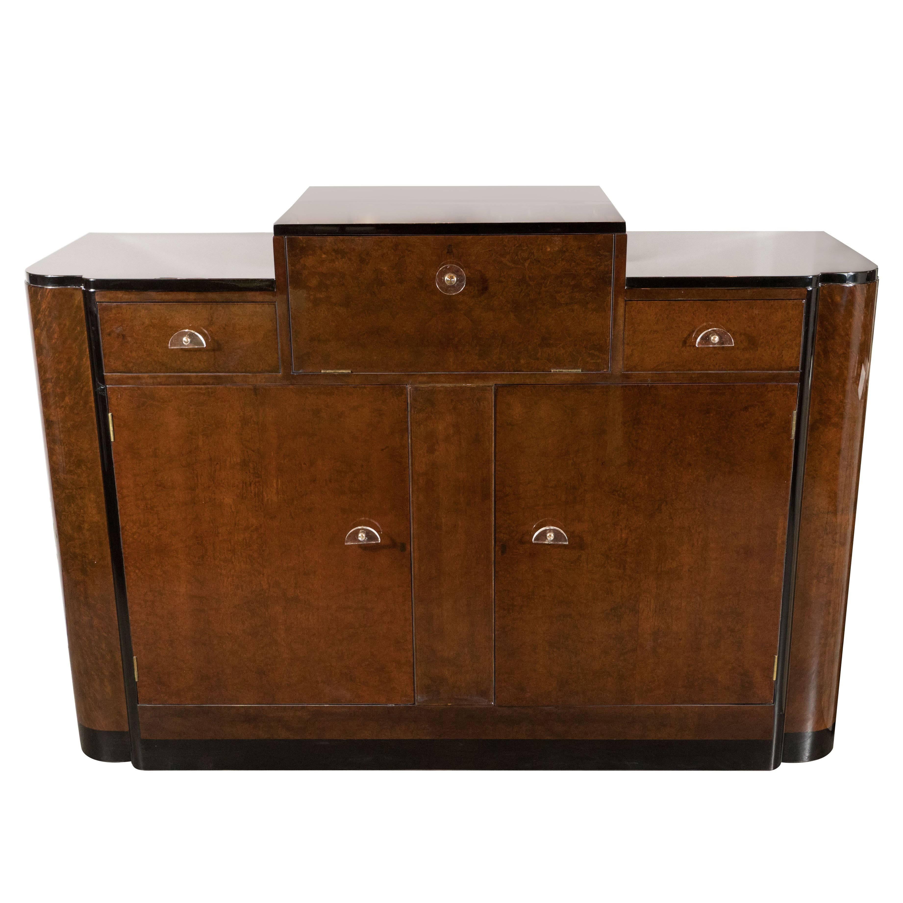 Streamlined Art Deco Bar/Cabinet in Book-Matched Elm with Plexi Pulls