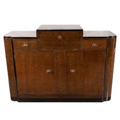 Streamlined Art Deco Bar/Cabinet in Book-Matched Elm with Plexi Pulls