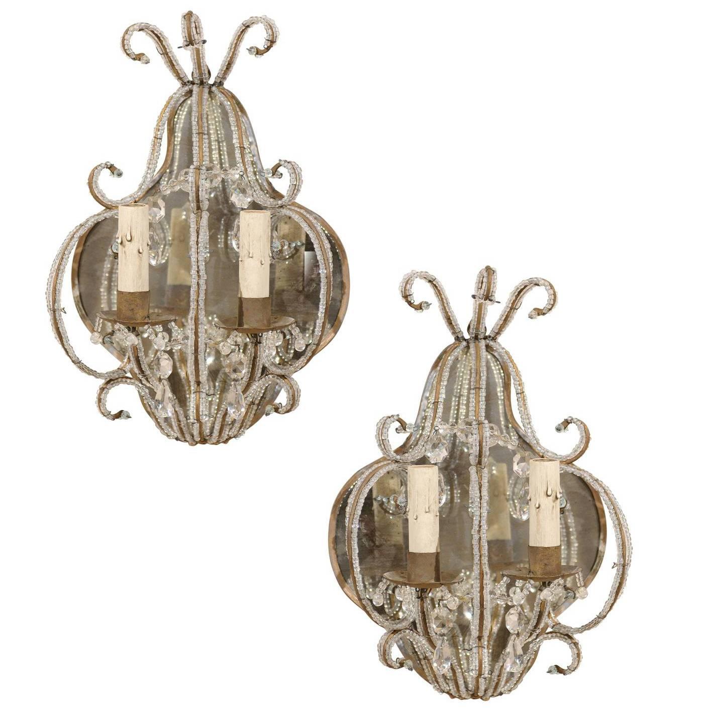 Pair of Italian Mirrored Sconces with Elegant Beaded Armature and Scrolls