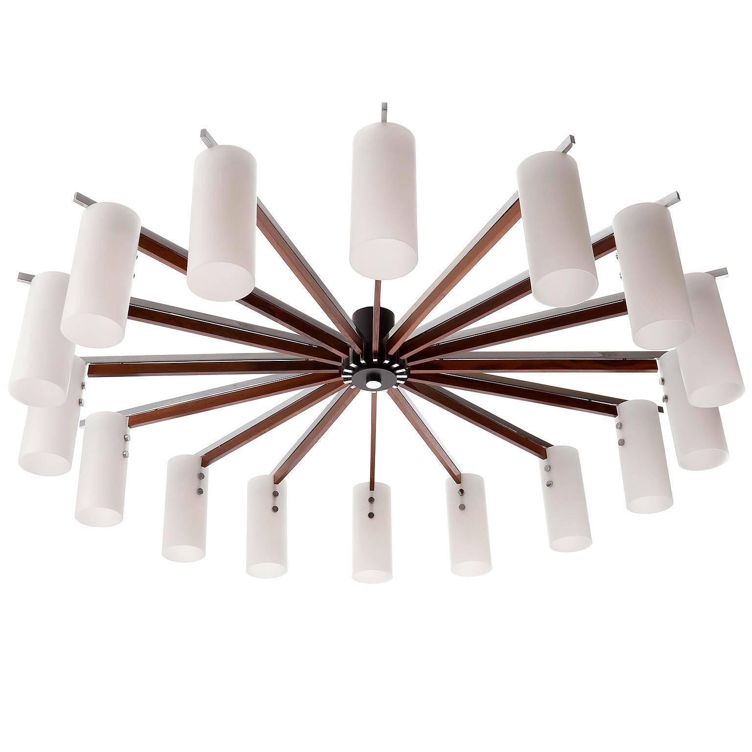 Huge Flush Mount Light Chandelier, Opal Glass Wood Teak Nickel, Austria, 1970