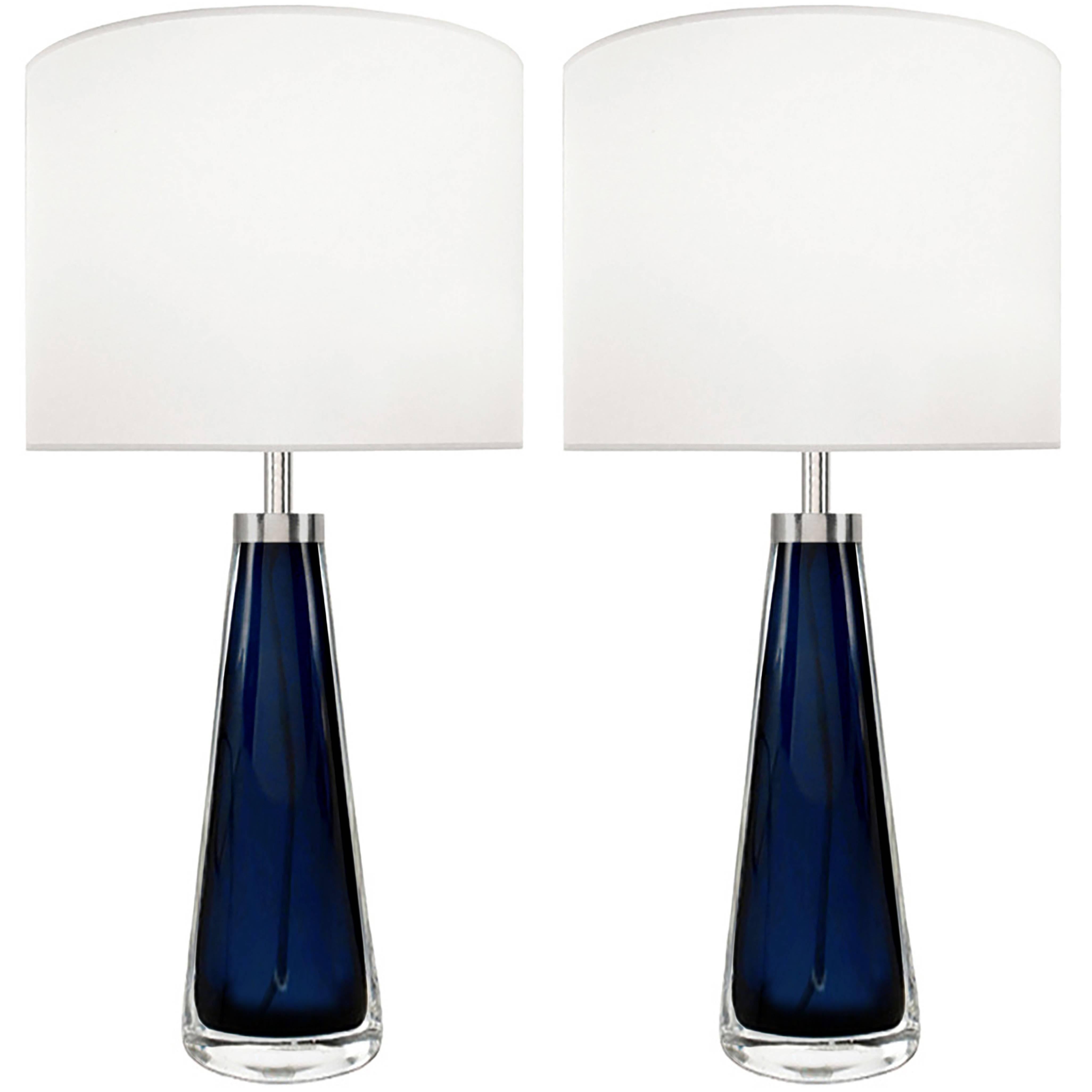 Pair of Blue Glass Lamps by Orrefors for Carl Fagerlund For Sale