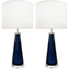 Pair of Blue Glass Lamps by Orrefors for Carl Fagerlund