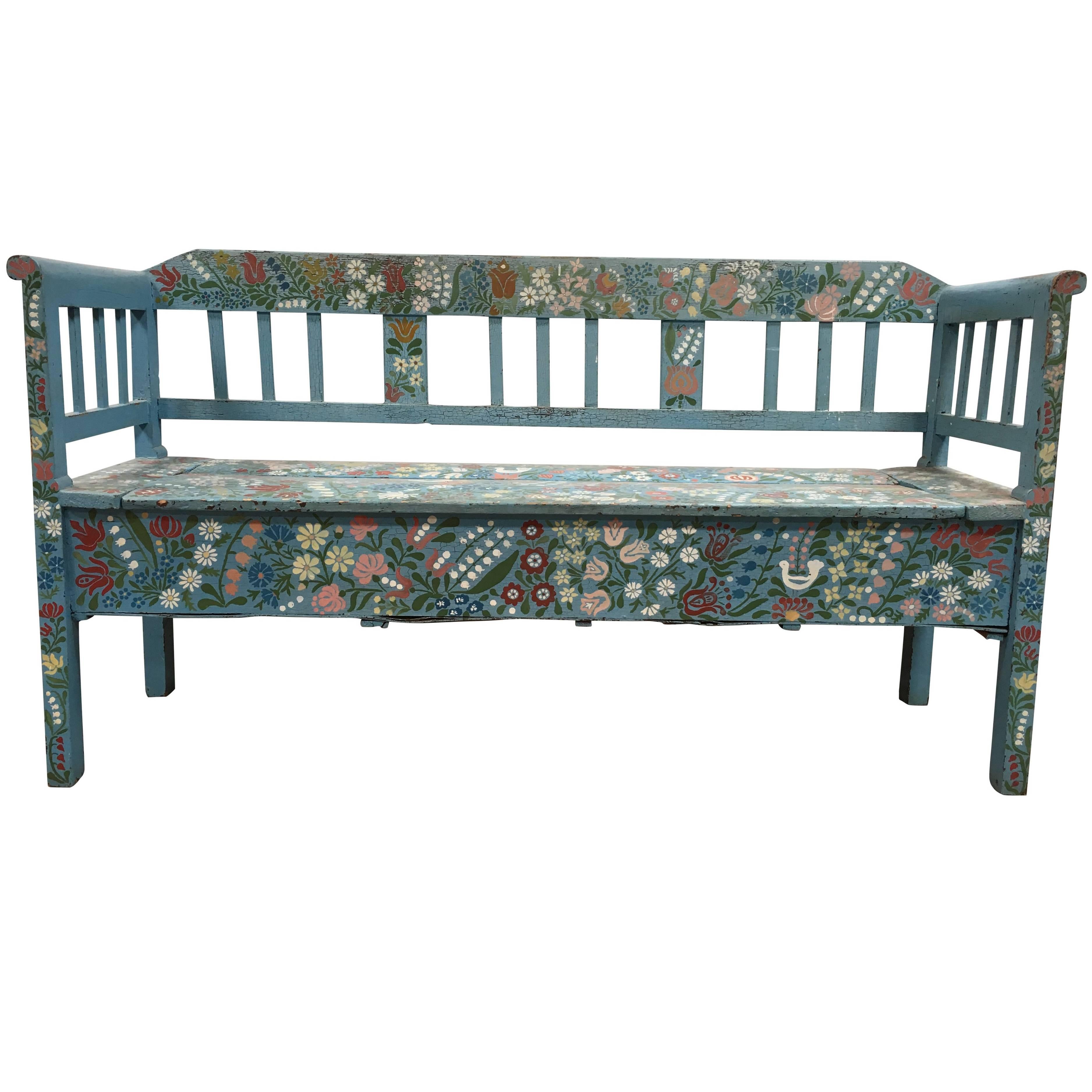 Vintage Hand-Painted Floral European Storage Bench