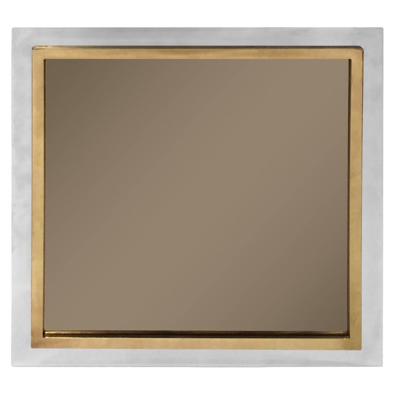 1970s French Square Chrome and Brass Mirror with Smoked Glass For Sale