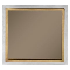 1970s French Square Chrome and Brass Mirror with Smoked Glass