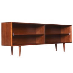 Midcentury Walnut Bookcase with Glass Sliding Doors