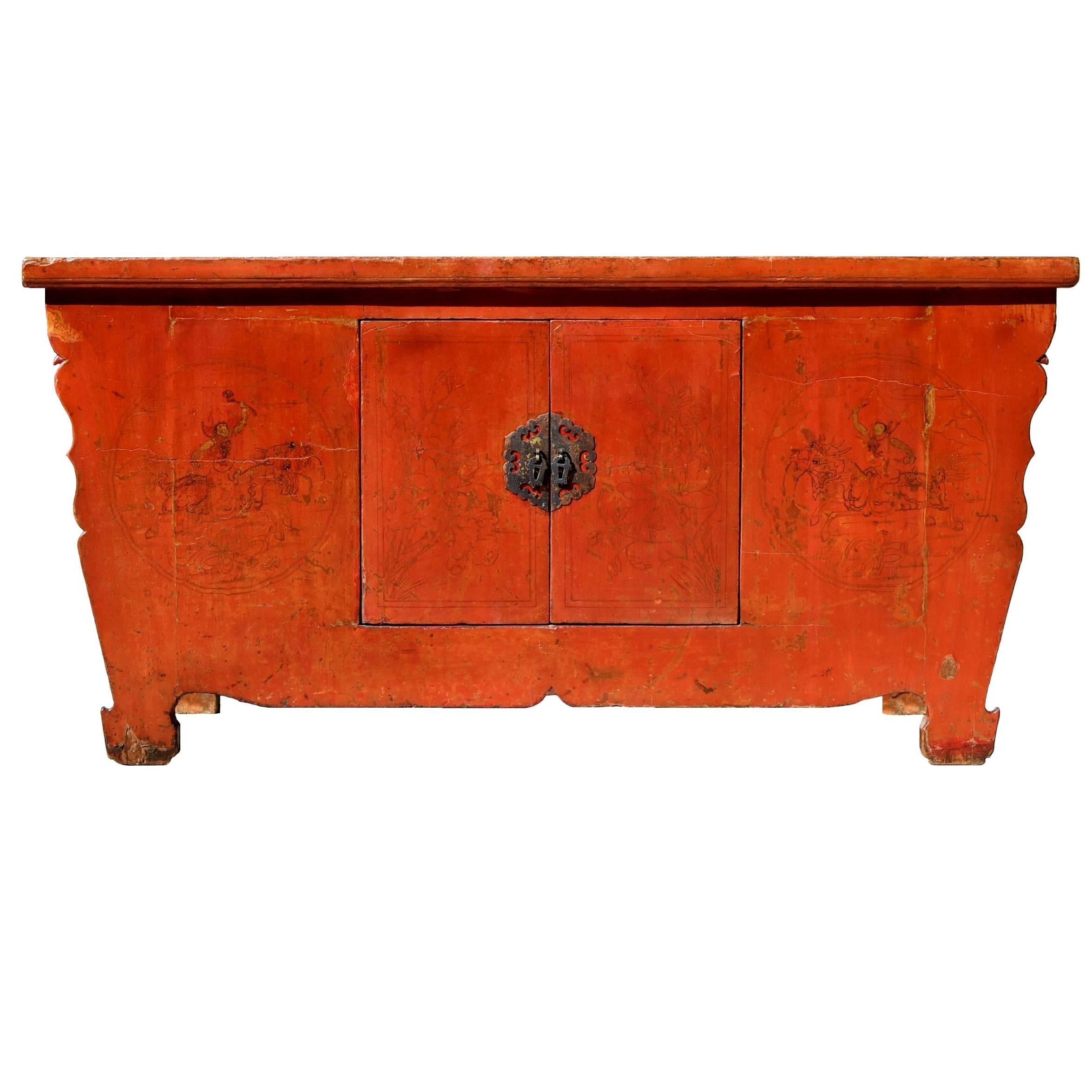 19th Century Red Lacquer Harmony Chest, with Single Solid Slab Top