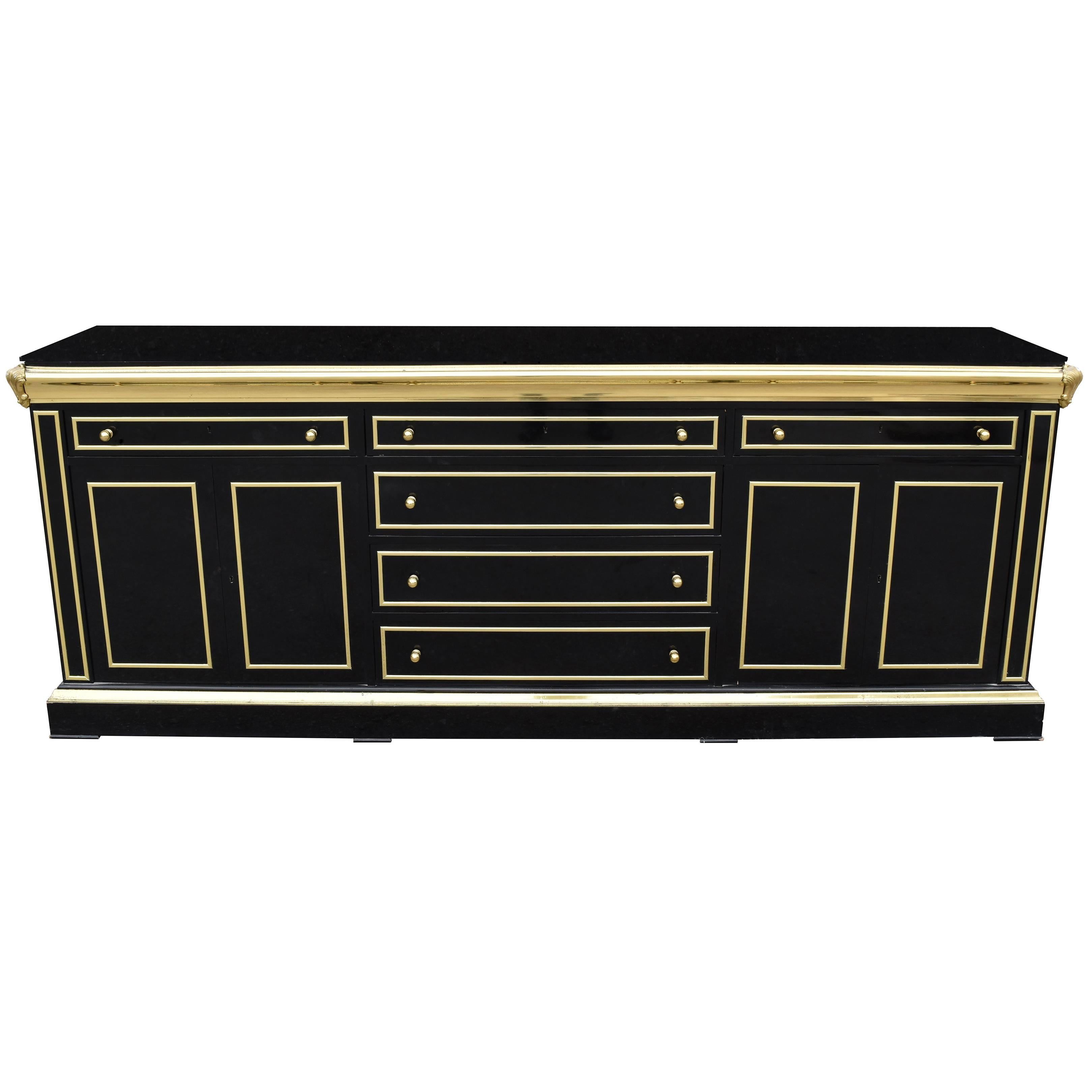 1980s Lacquered Black Sideboard with Bronze Decorations
