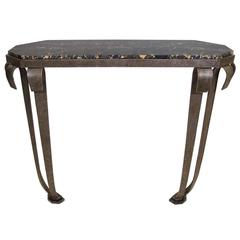 French Art Deco Textured Steel and Porto Marble Console Table, circa 1925-1930