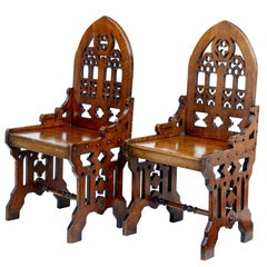 Antique Pair of 19th Century Gothic Revival Carved Oak Hall Chairs