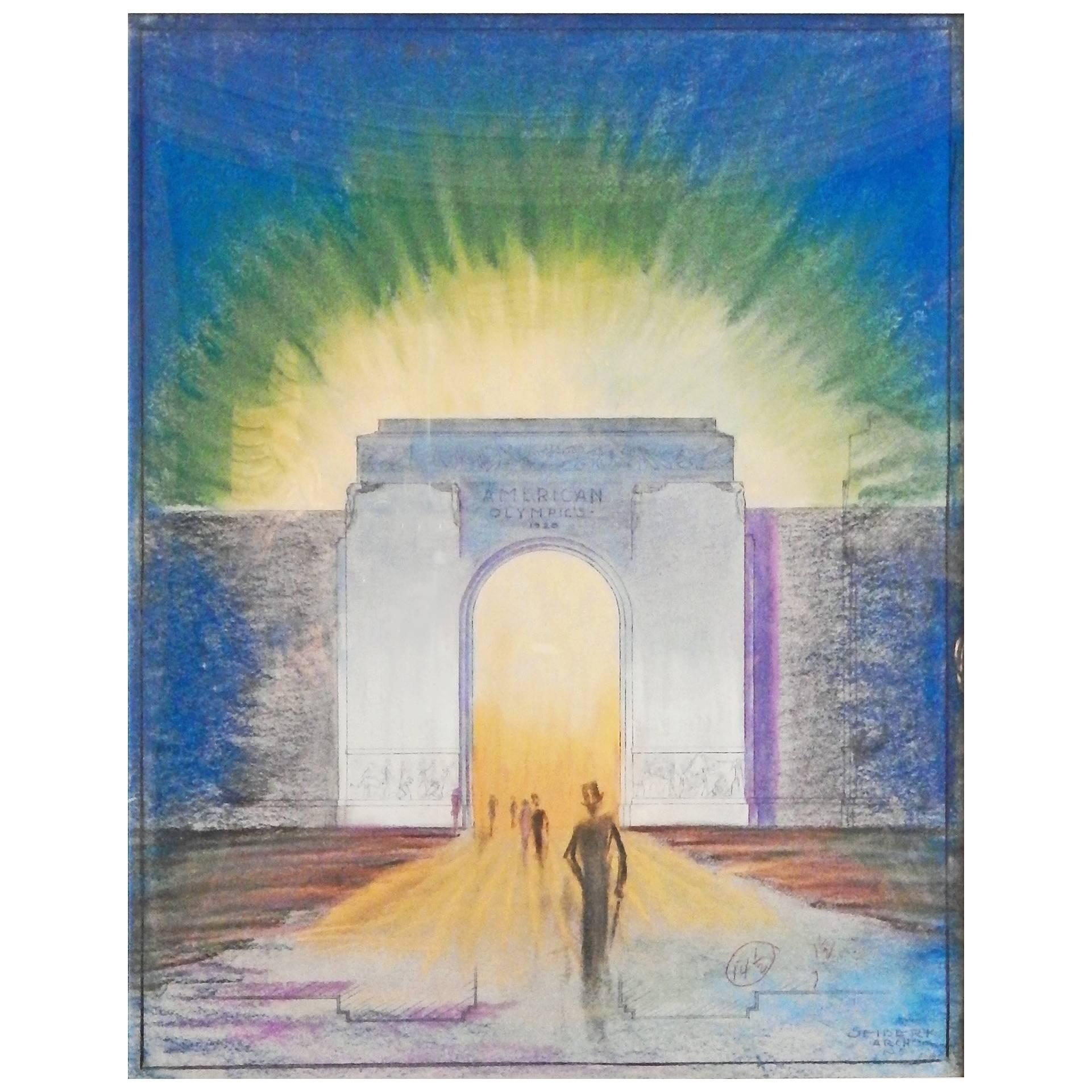 "American Olympics 1928, " Spectacular Art Deco Drawing of Stadium Entrance For Sale