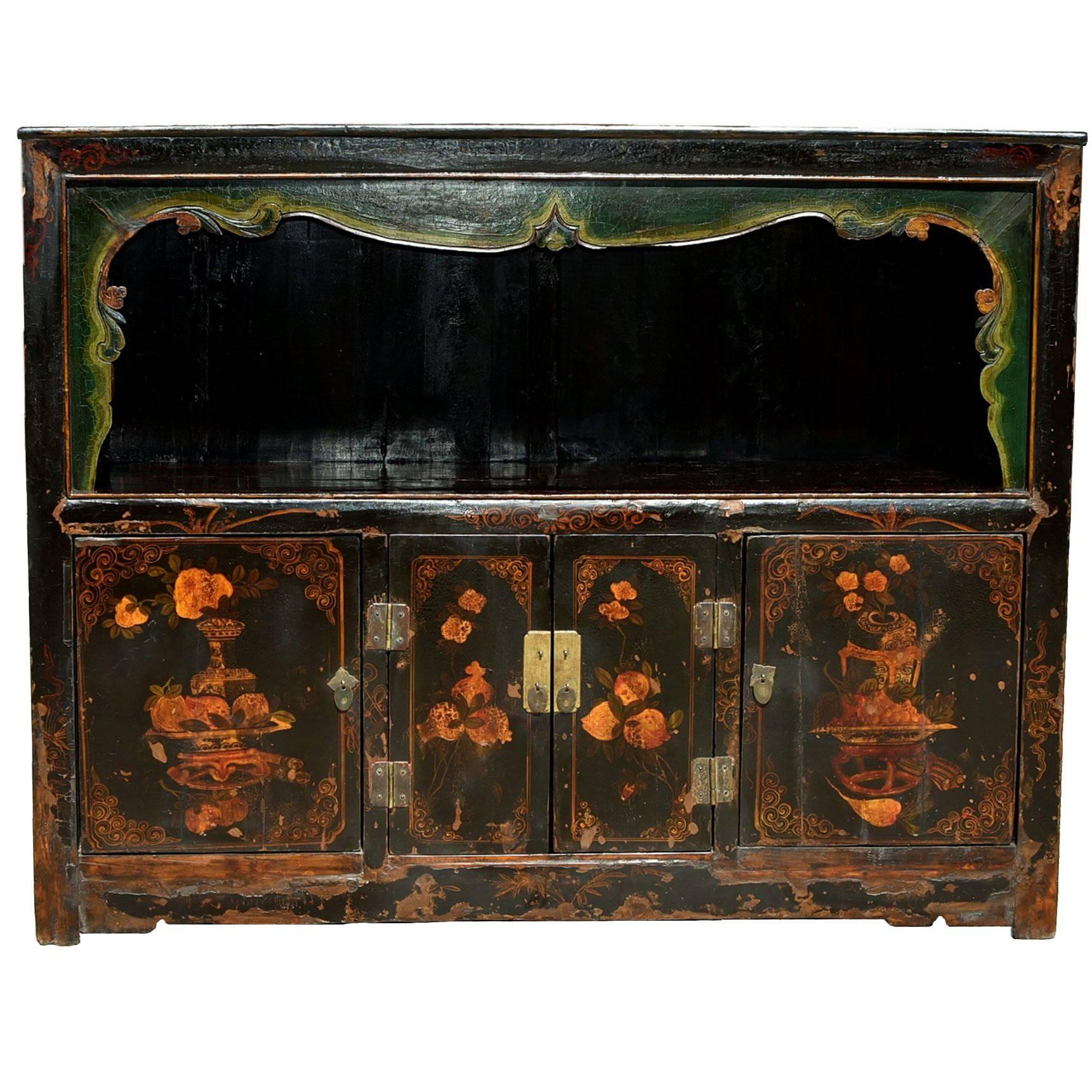 Antique Scholar's Chest with Painted Pomegranates, Open Light Bookcase