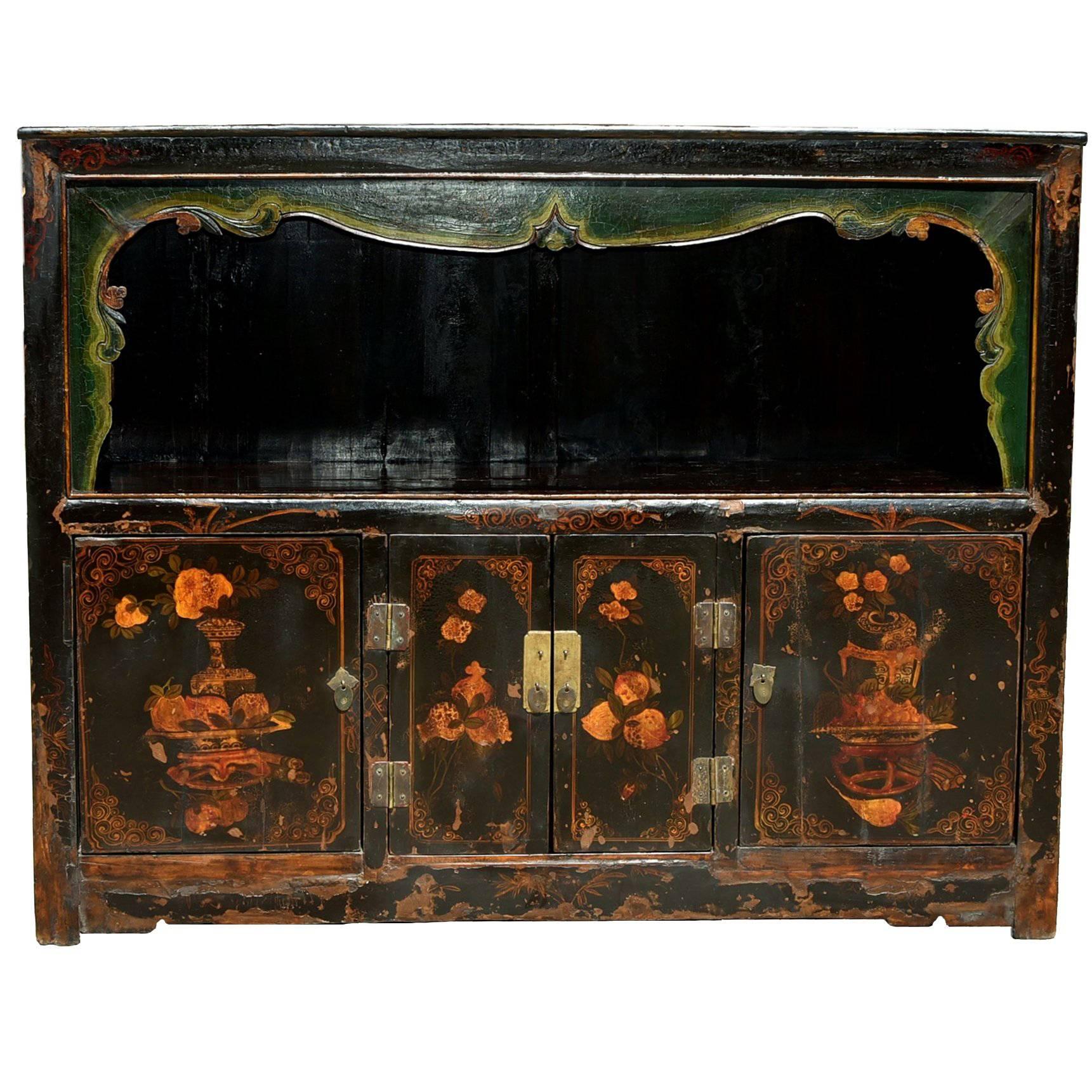 Antique Scholar's Chest with Painted Pomegranates, Open Light Bookcase